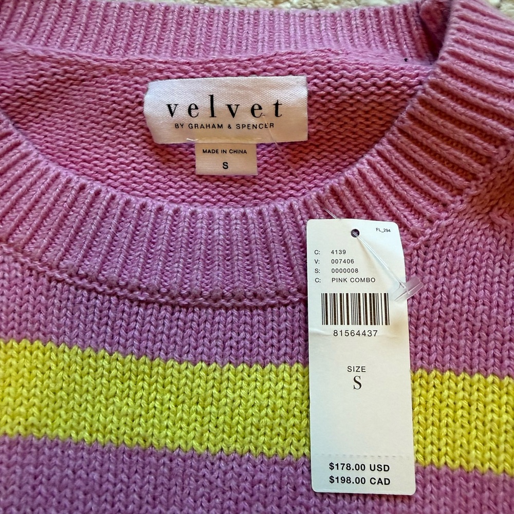 Velvet by Graham & Spencer Pink and Yellow Crew Neck Sweater